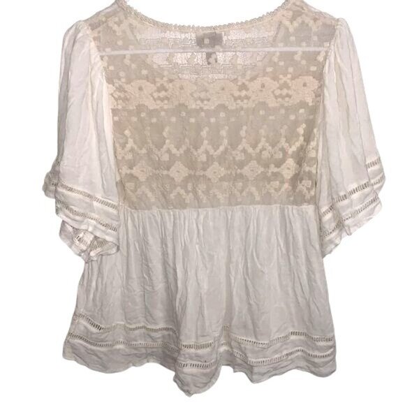 Knox Rose Lace & Cotton Boho Peasant Blouse V-Neck Sheer Accents Short Sleeve Wo - Picture 6 of 8